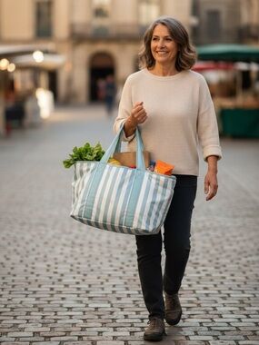 Light Teal Green  & White Striped Grocery Bag with Handle Zippered Insulated